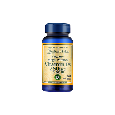 Puritan's Pride Vitamin D3 250 mcg (10,000 IU) comes in a bottle of 200 rapid release softgels, formulated to support bone health and the immune system.